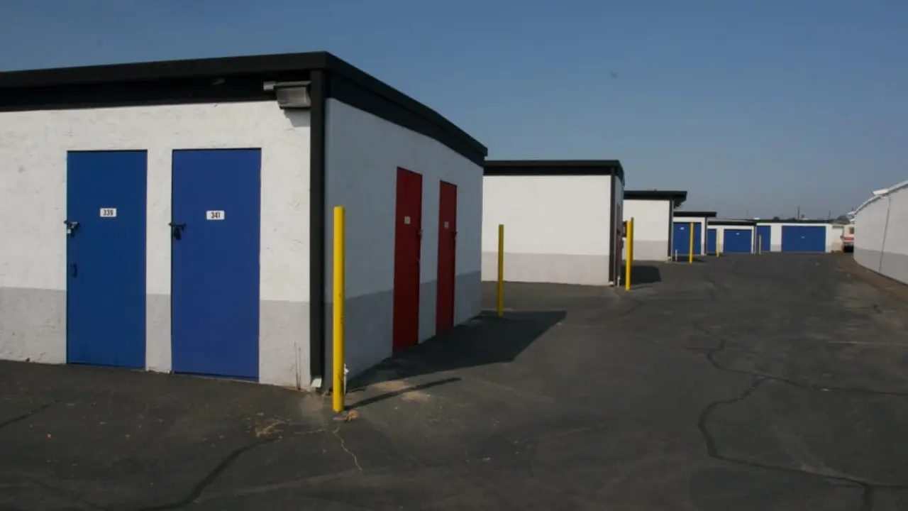 Valley Center Storage Units facility picture showing wide driveways and highlighting a few small storage units